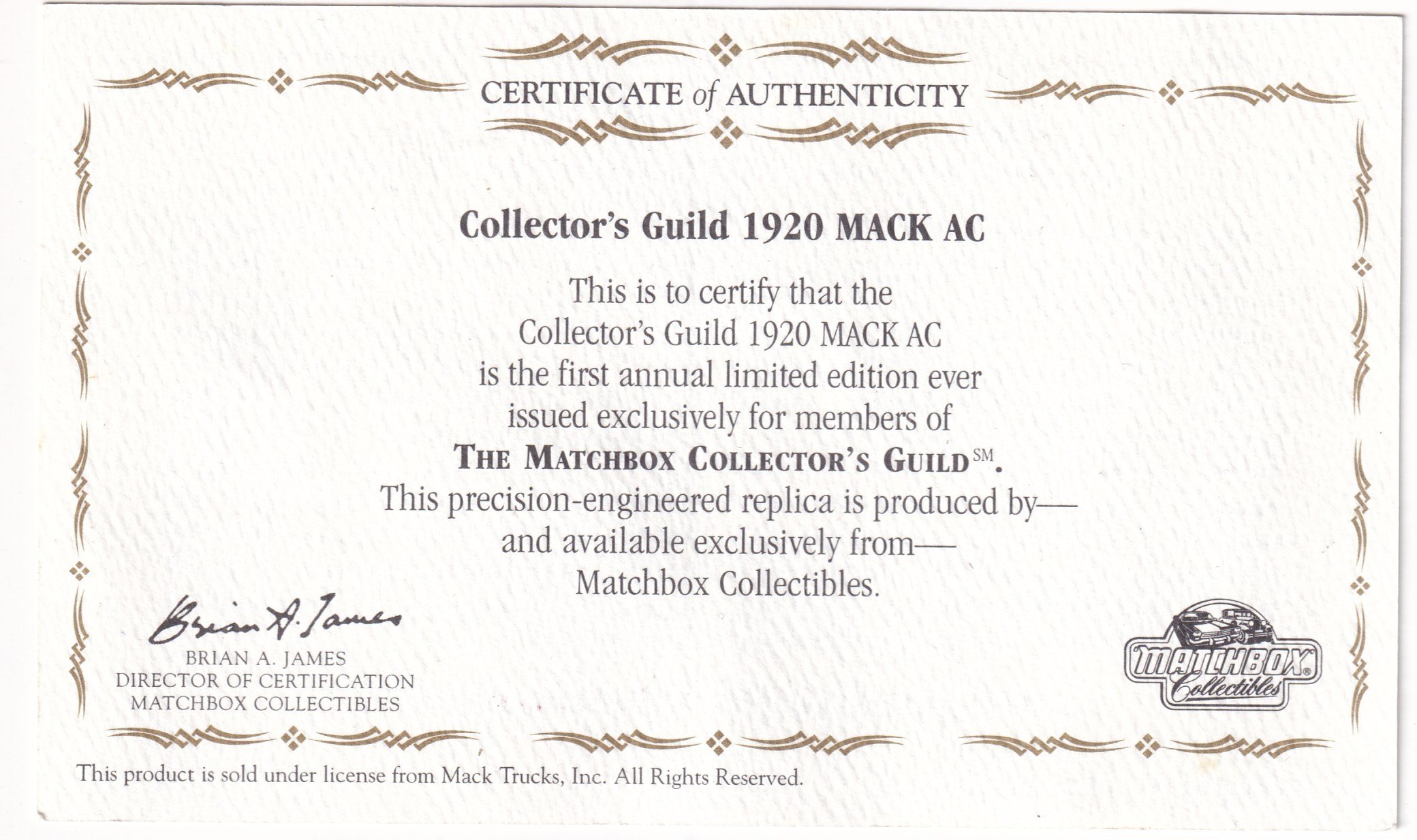 Collector SetMatchbox Collectibles 1920 Mack AC Box Truck Inaugural Edition 1998 (Sertifikalı)