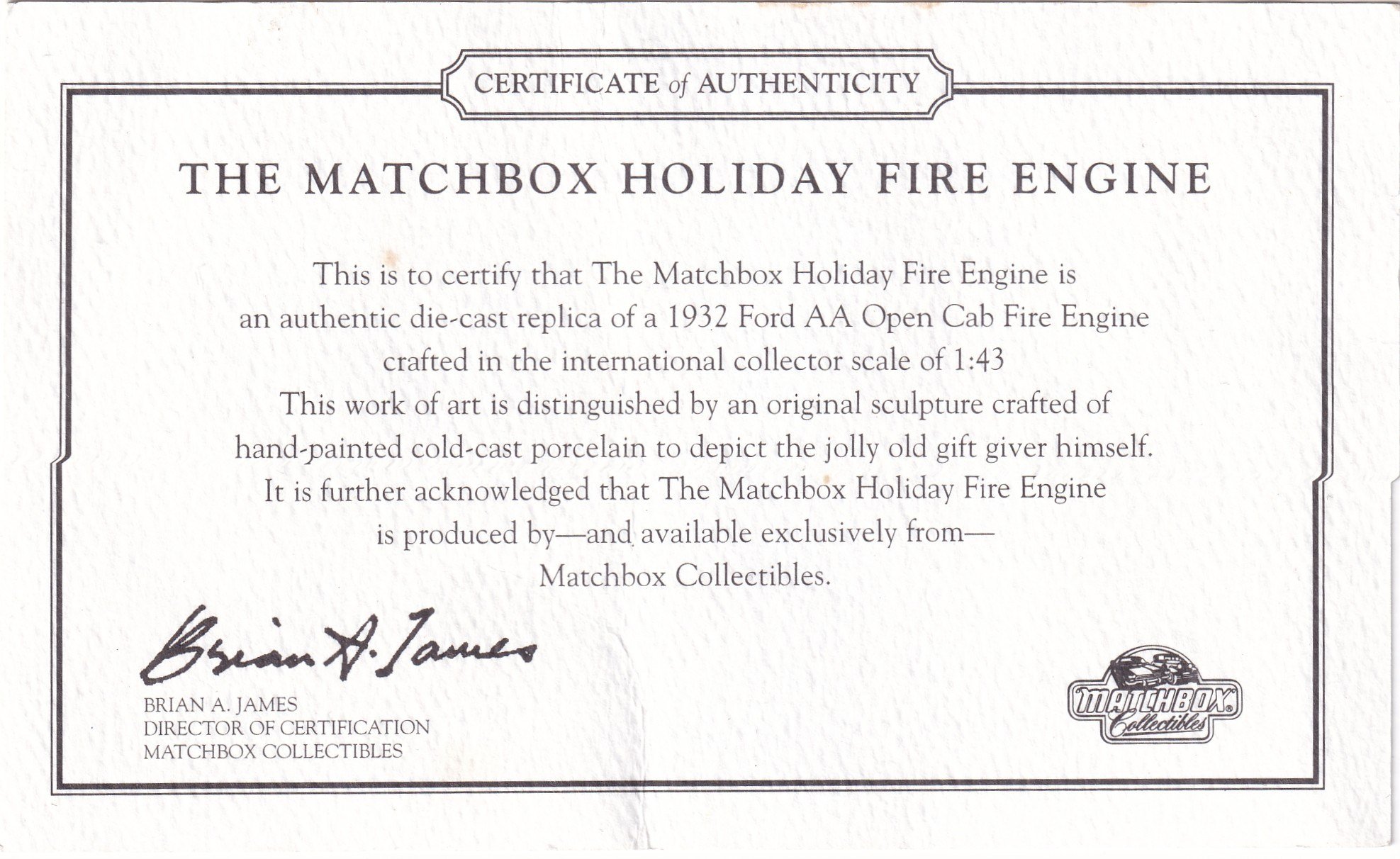 Collector SetMatchbox Collectibles 1932 Ford AA Holiday Fire Engine 1:43 İtfaiye Aracı (Sertifikalı)