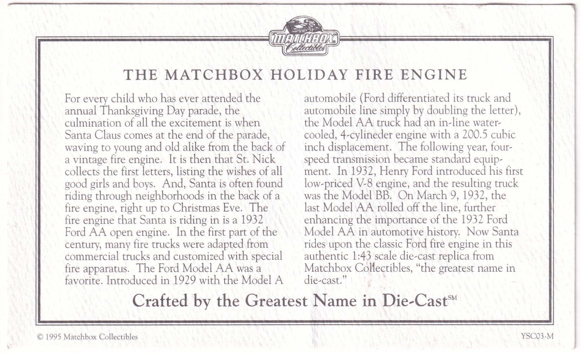 Collector SetMatchbox Collectibles 1932 Ford AA Holiday Fire Engine 1:43 İtfaiye Aracı (Sertifikalı)