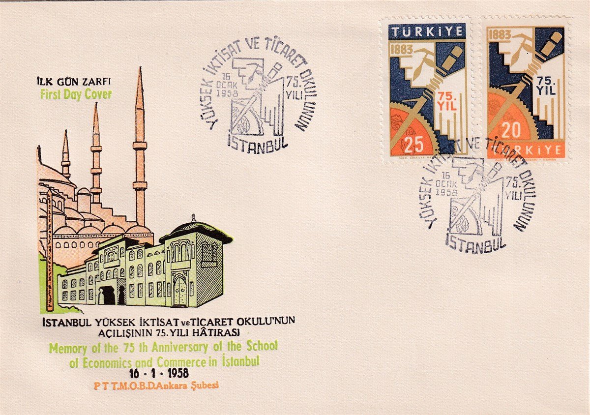 İilkgün Zarfı (FDC)İstanbul Yüksek İktisat ve Ticaret Okulu'nun Açılışının 75. Yılı Hatırası (1958) İlk Gün Zarfı (FDC)