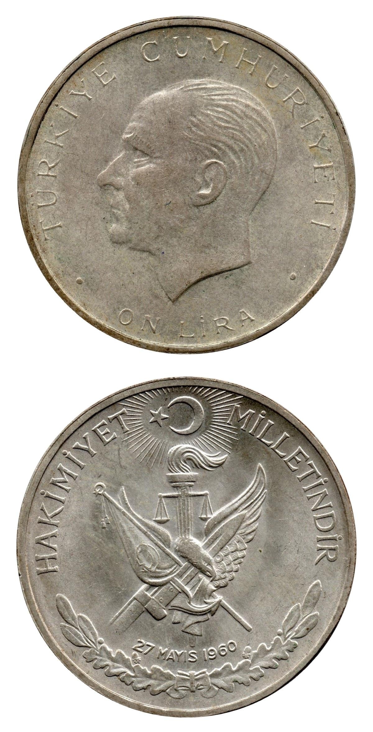 Madeni Hatıra Paralar10 Lira (1960) ÇİL Gümüş Eski Madeni Para