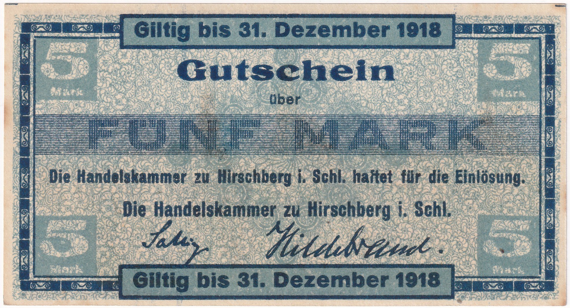 NotgeldAlmanya, Hirschberg (Silezya) 5 Mark (1918) - Notgeldi (ÇİL)