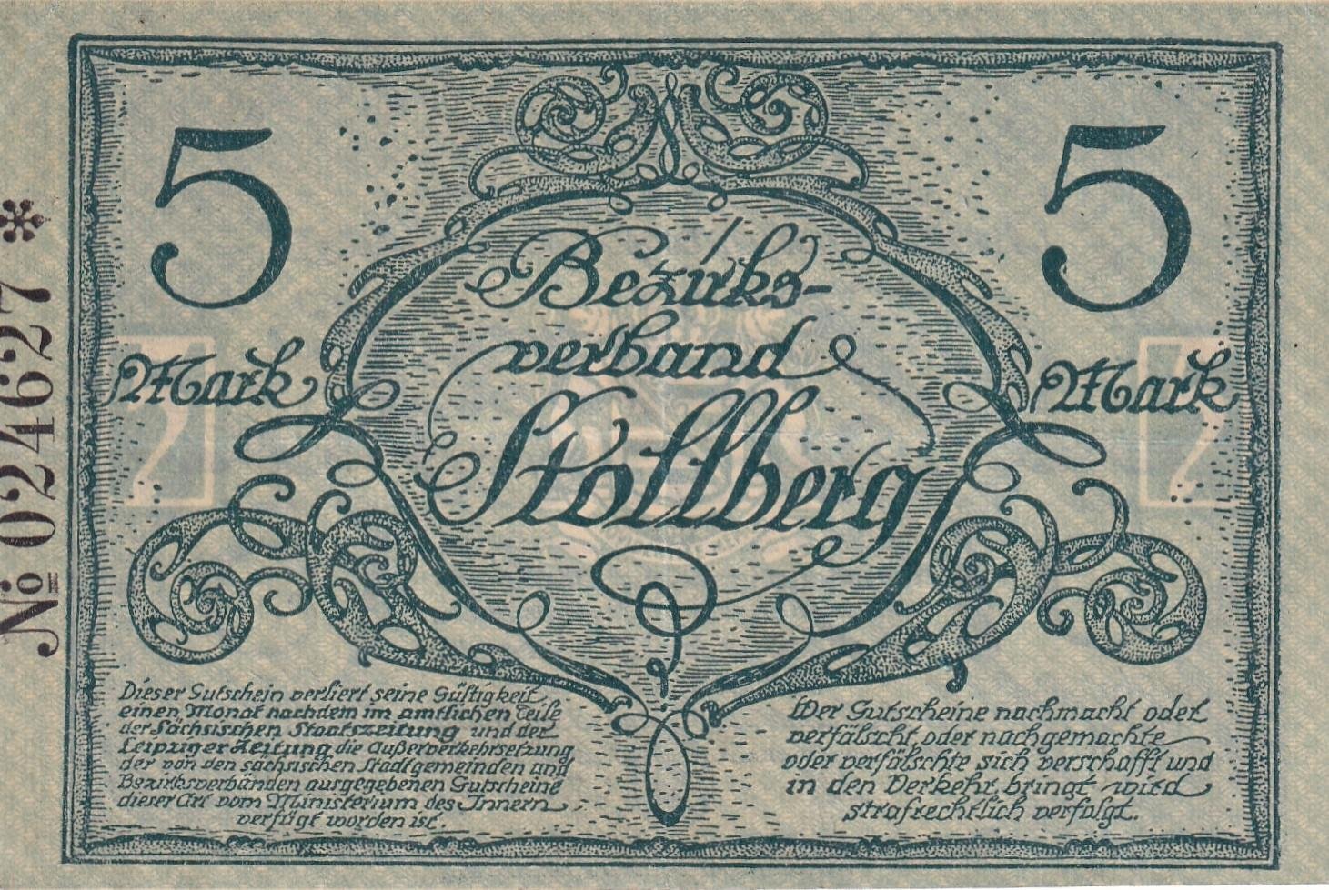 NotgeldAlmanya, Stollberg, 5 Mark (1918) ÇT/ÇÇT Notgeld 