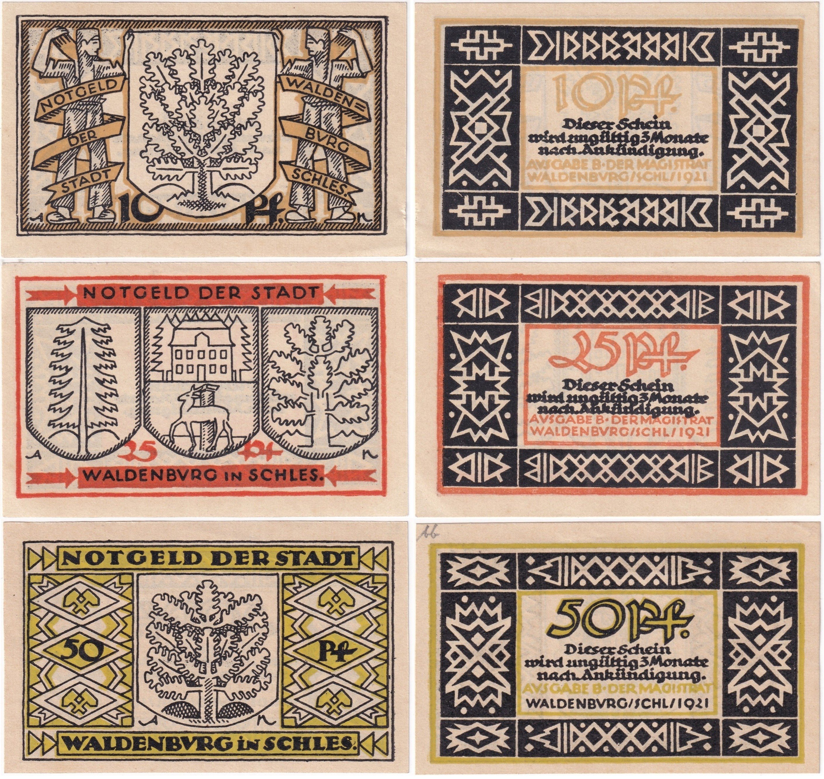 NotgeldAlmanya, Waldenburg (Silezya) 10, 25, 50 Pfennig (1921) Notgeld Seti (ÇİL)