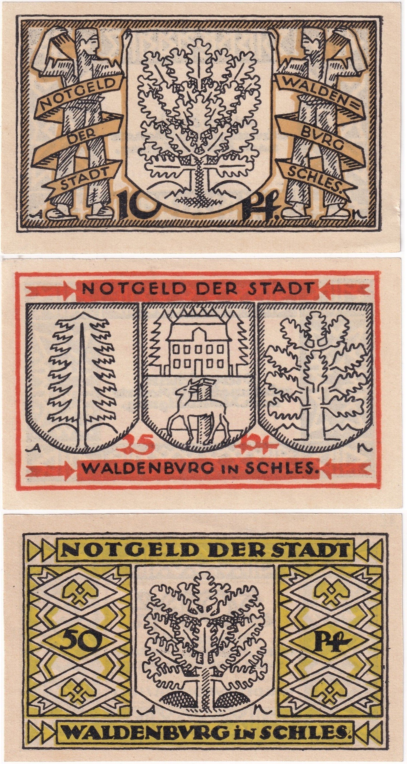 NotgeldAlmanya, Waldenburg (Silezya) 10, 25, 50 Pfennig (1921) Notgeld Seti (ÇİL)