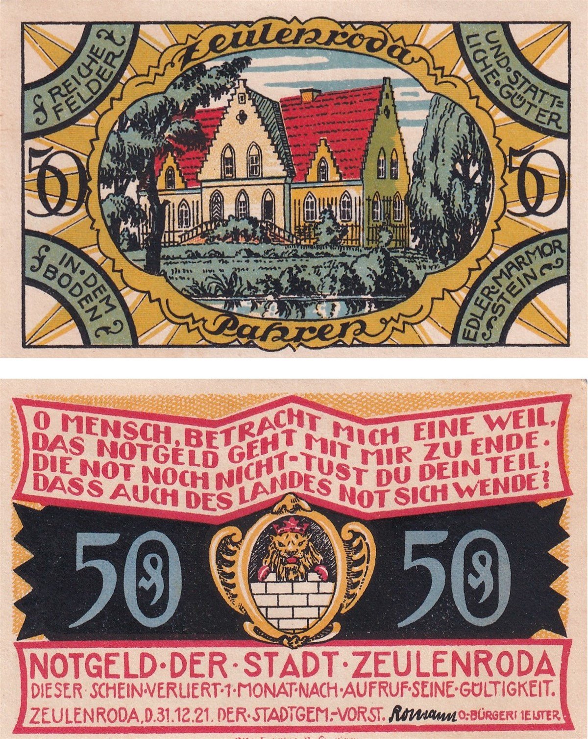 NotgeldAlmanya, Zeulenroda, 50 Pfennig (1921) Districts Series - Pahren Notgeld