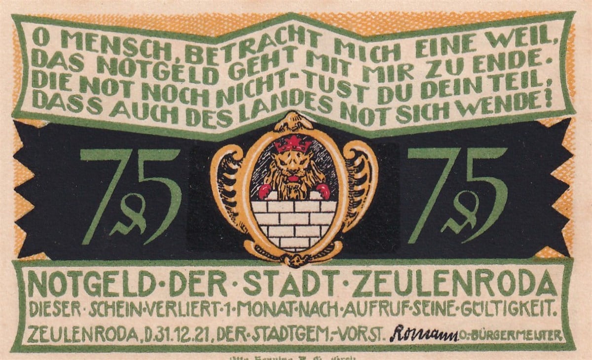 NotgeldAlmanya, Zeulenroda, 75 Pfennig (1921) History Series (3) Notgeld
