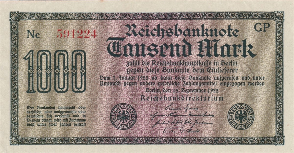 Sertifikalı ÜrünlerAlmanya, 1.000 Mark (1922) P#76 Çil Yabancı Kağıt Para