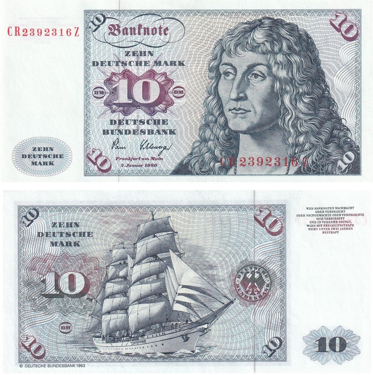Sertifikalı ÜrünlerAlmanya, 10 Mark 1980 P#31 Çil Yabancı Kağıt Para