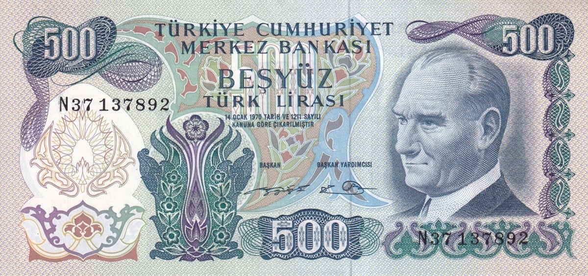 Türkiye Cumhuriyeti Kağıt Paraları6.Emisyon 2.Tertip 500 Türk Lirası ÇİL