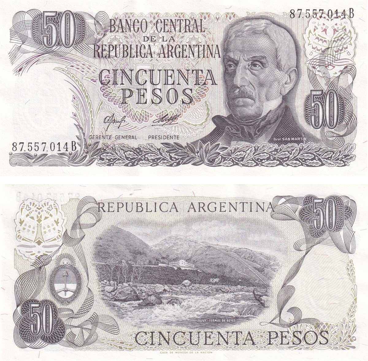 Foreign State BanknotesArjantin, 50 Peso (1976) P#301b ÇİL Eski Yabancı Kağıt Para