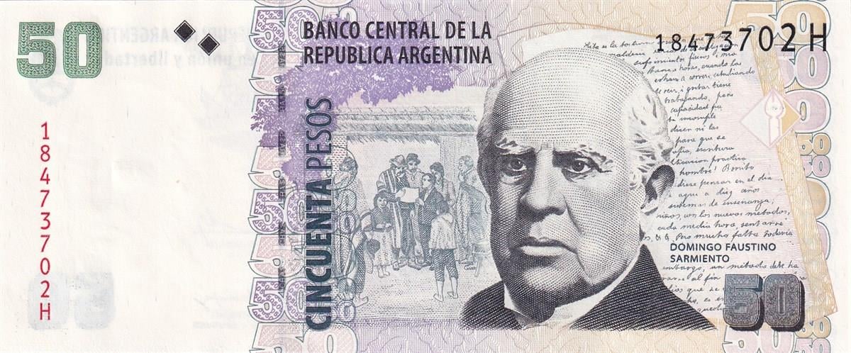 Foreign State BanknotesArjantin, 50 Peso (2013) P#356 ÇİL Eski Yabancı Kağıt Para