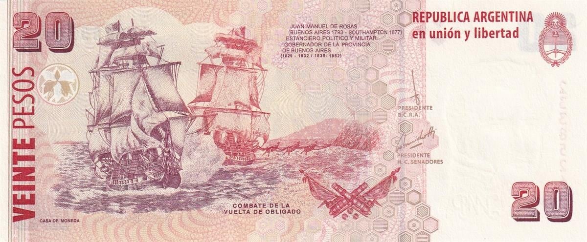 Foreign State BanknotesArjantin, 20 Peso (2003) P#355 ÇİL Eski Yabancı Kağıt Para