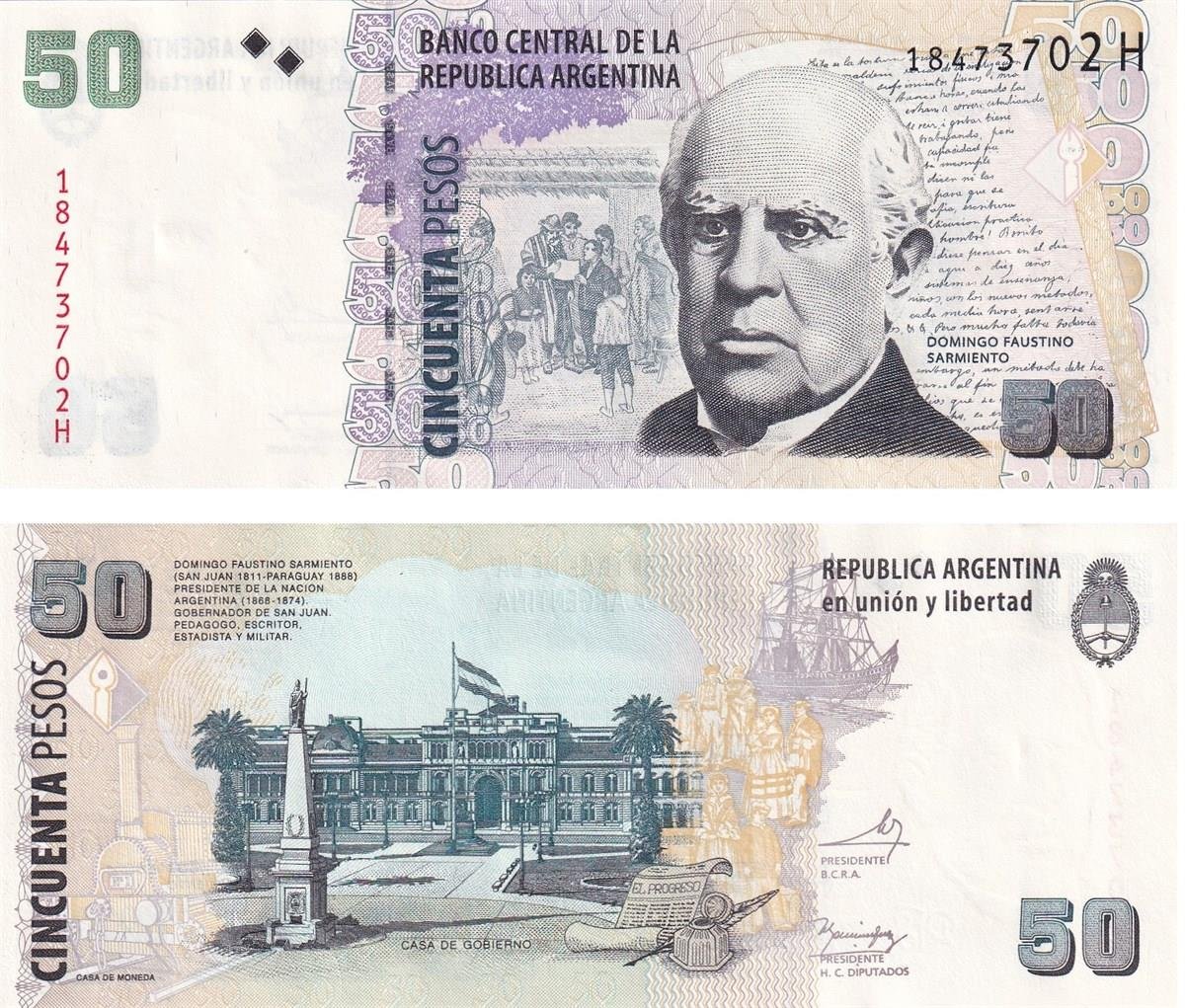 Foreign State BanknotesArjantin, 50 Peso (2013) P#356 ÇİL Eski Yabancı Kağıt Para