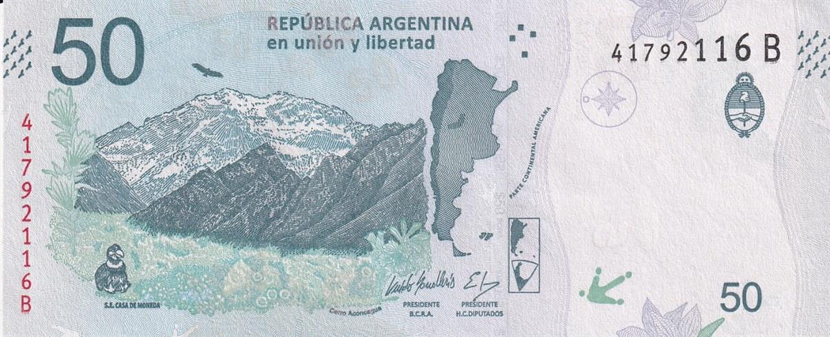 Foreign State BanknotesArjantin, 50 Peso (2018) P#363 ÇİL Eski Yabancı Kağıt Para