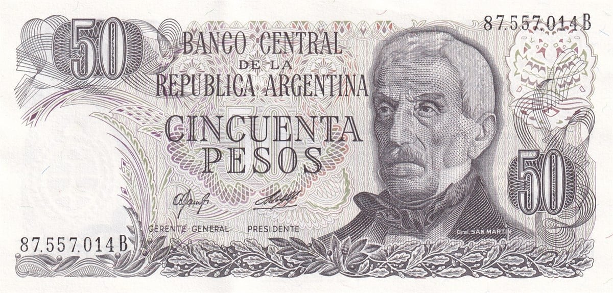 Foreign State BanknotesArjantin, 50 Peso (1976) P#301b ÇİL Eski Yabancı Kağıt Para