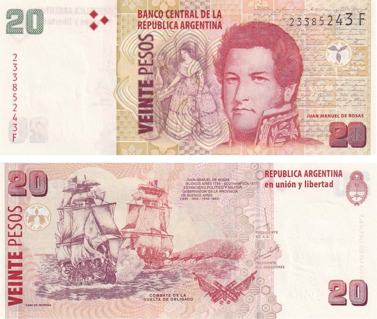 Foreign State BanknotesArjantin, 20 Peso (2003) P#355 ÇİL Eski Yabancı Kağıt Para