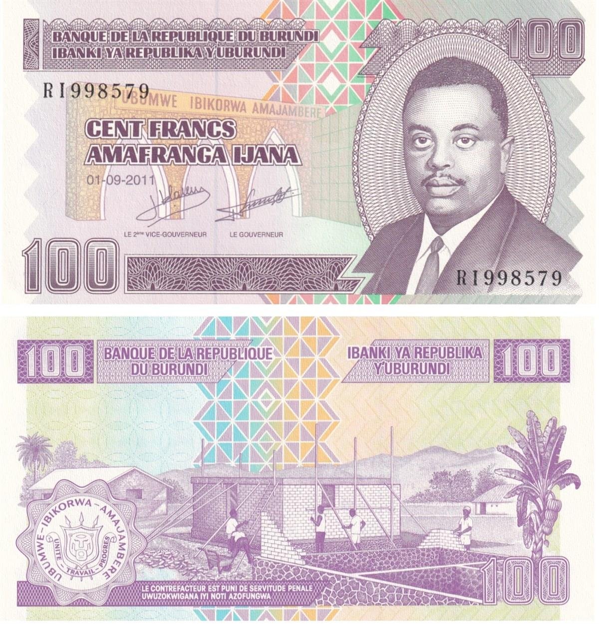 Foreign State BanknotesBurundi, 100 Frank (2011) P#44 ÇİL Eski Yabancı Kağıt Para