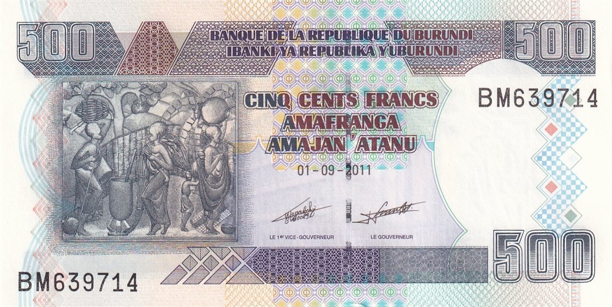 Foreign State BanknotesBurundi, 500 Frank (2011) P#45b ÇİL Eski Yabancı Kağıt Para
