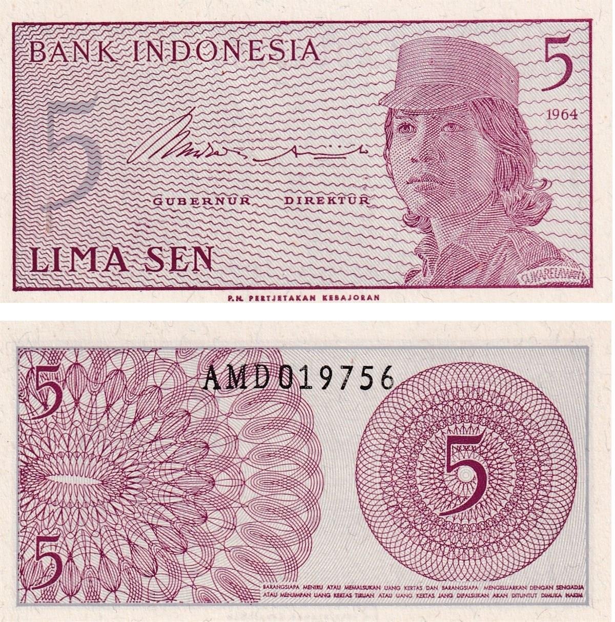 Foreign State BanknotesEndonezya, 5 Sen (1964) P#91 ÇİL Eski Yabancı Kağıt Para
