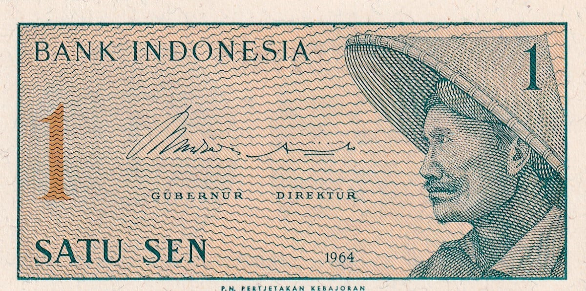 Yabancı Devletlerin Kağıt ParalarıEndonezya, 1 Sen (1964) P#90 ÇİL Eski Yabancı Kağıt Para