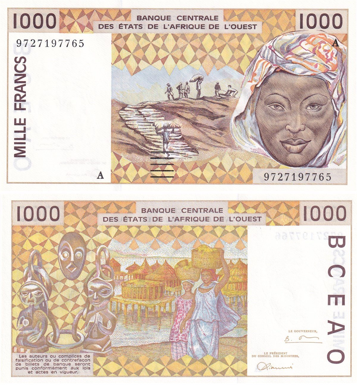 Foreign State BanknotesFildişi Sahili (Côte d'Ivoire), 1.000 Frank (1997) P#111Ag ÇİL Eski Yabancı Kağıt Para