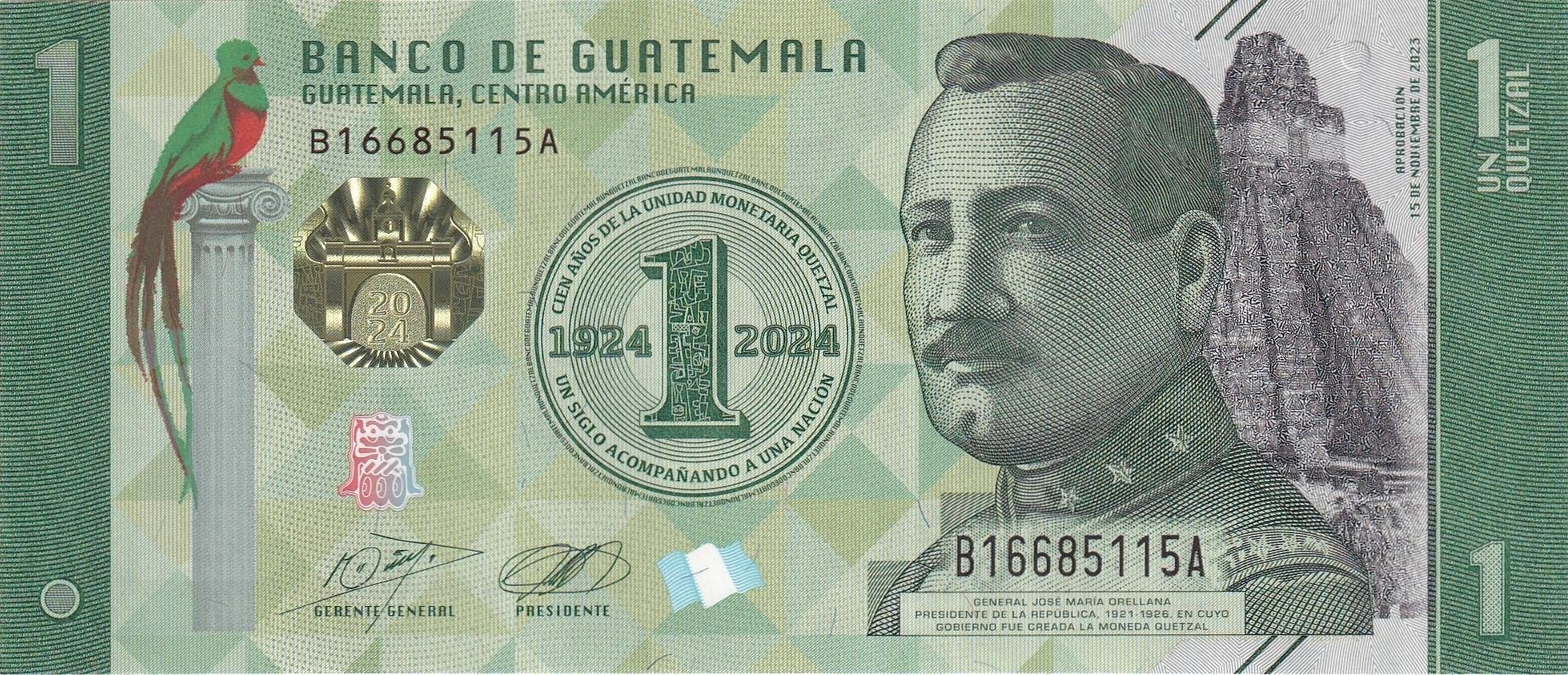 Yabancı Devletlerin Kağıt ParalarıGuatemala, 1 Quetzal (2024) Hatıra 100. Yıl ÇİL