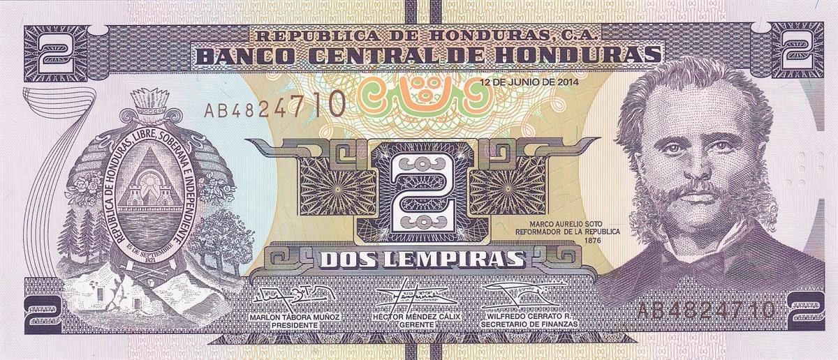Foreign State BanknotesHonduras, 2 Lempiras (2014) Eski Yabancı Kağıt Para