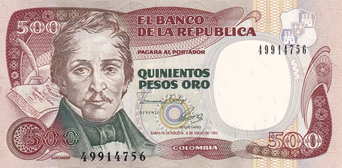 Foreign State BanknotesKolombiya, 500 Peso (1993) P#431A ÇİL Eski Yabancı Kağıt Para