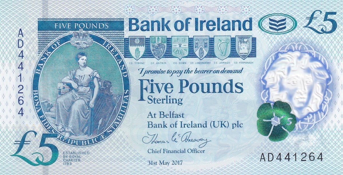 Yabancı Devletlerin Kağıt ParalarıKuzey İrlanda, 5 Pound (2017) ÇİL Polimer Eski Yabancı Para