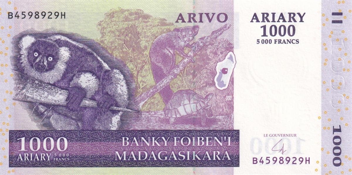 Yabancı Devletlerin Kağıt ParalarıMadagaskar, 1000 Ariary (2004) P#89 ÇİL Eski Yabancı Kağıt Para