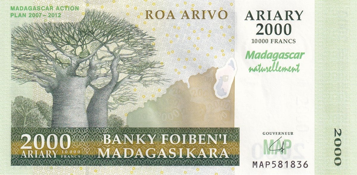 Yabancı Devletlerin Kağıt ParalarıMadagaskar, 2000 Ariary (2007) P#93 ÇİL Eski Yabancı Kağıt Para