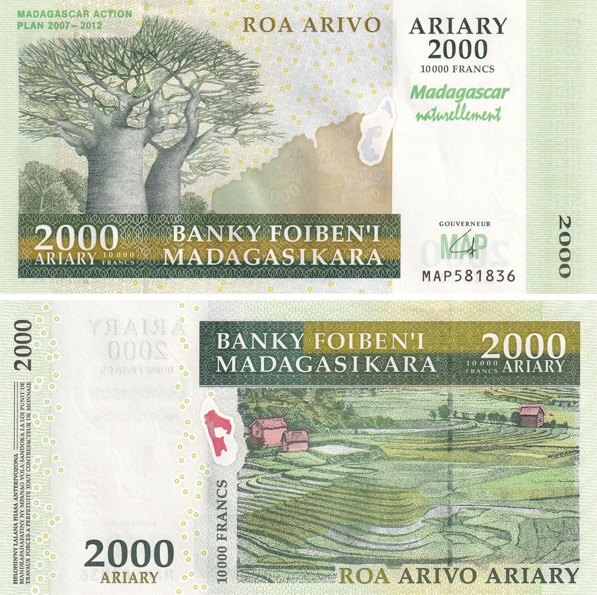 Yabancı Devletlerin Kağıt ParalarıMadagaskar, 2000 Ariary (2007) P#93 ÇİL Eski Yabancı Kağıt Para