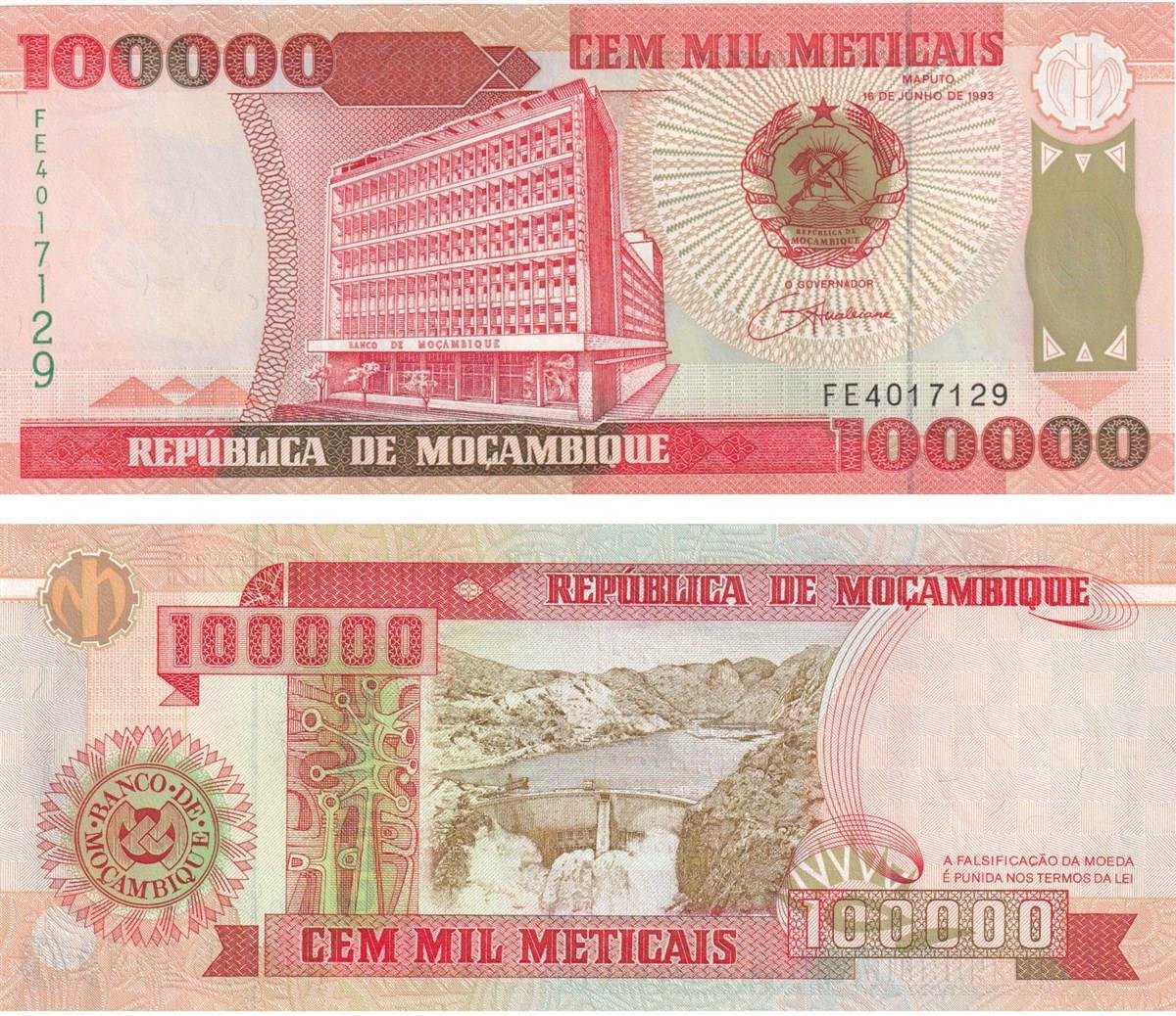 Foreign State BanknotesMozambik, 100.000 Meticais (1993) P#139 ÇİL Eski Yabancı Kağıt Para