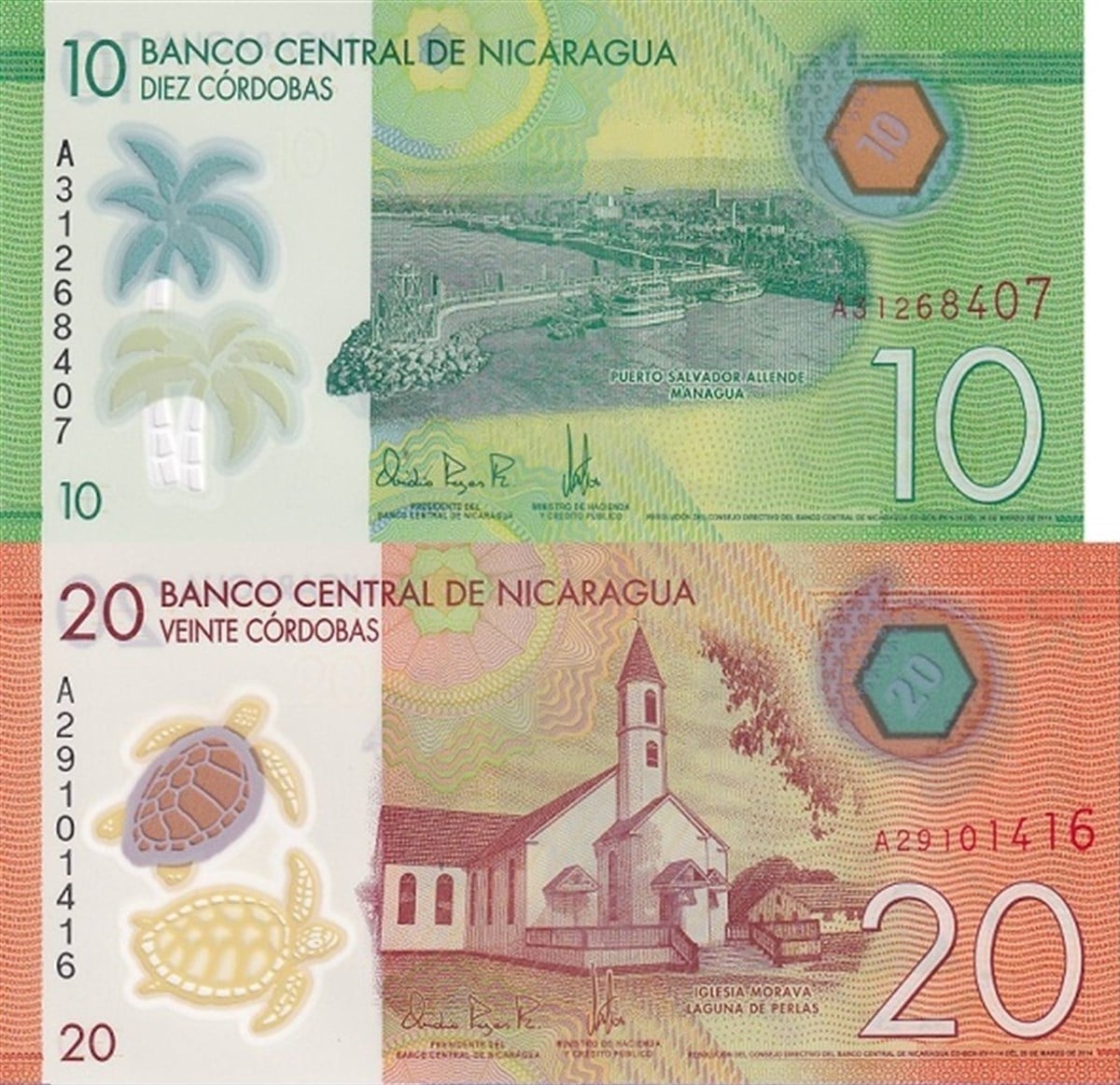 Foreign State BanknotesNikaragua, 10 & 20 Cordoba (2014) Polimer Eski Kağıt Para Seti