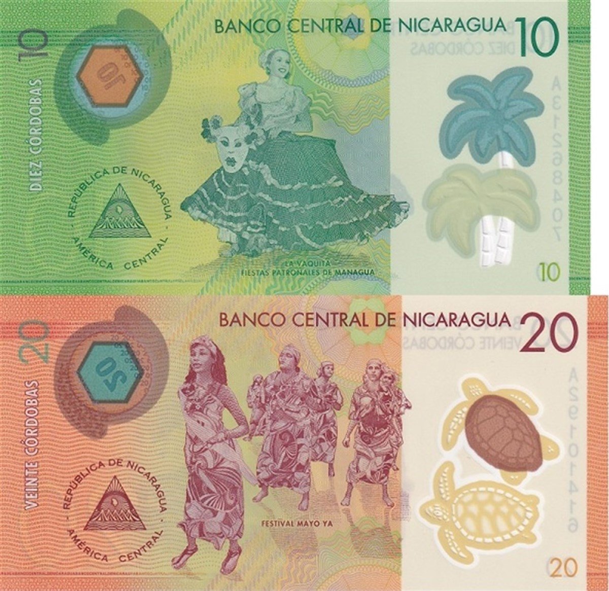Foreign State BanknotesNikaragua, 10 & 20 Cordoba (2014) Polimer Eski Kağıt Para Seti