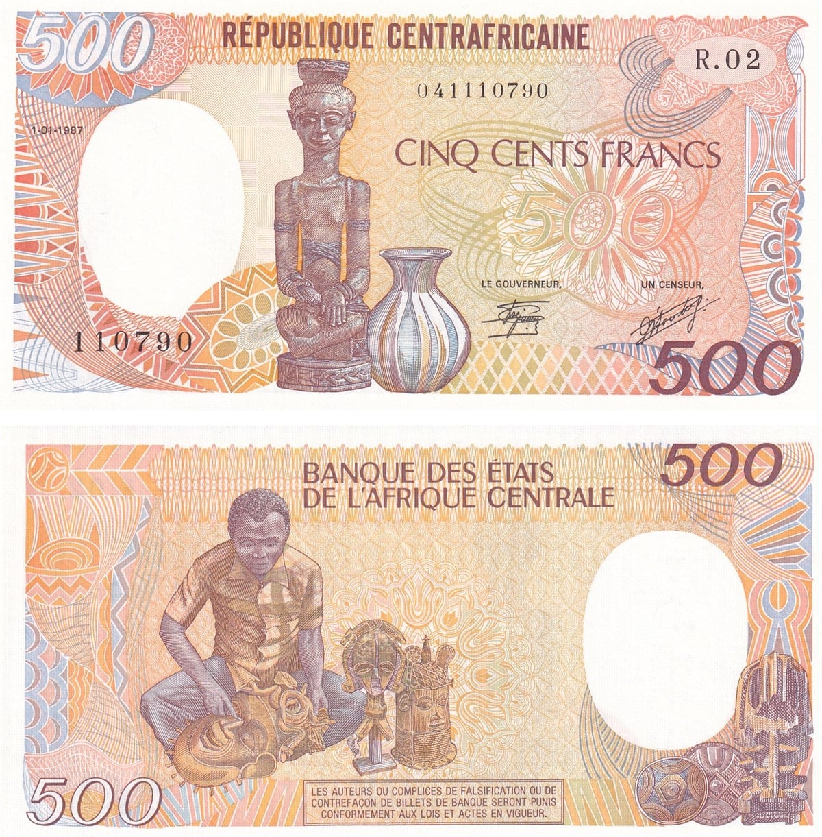 Foreign State BanknotesOrta Afrika Cumhuriyeti, 500 Frank (1987) P#14c ÇİL Eski Yabancı Kağıt Para