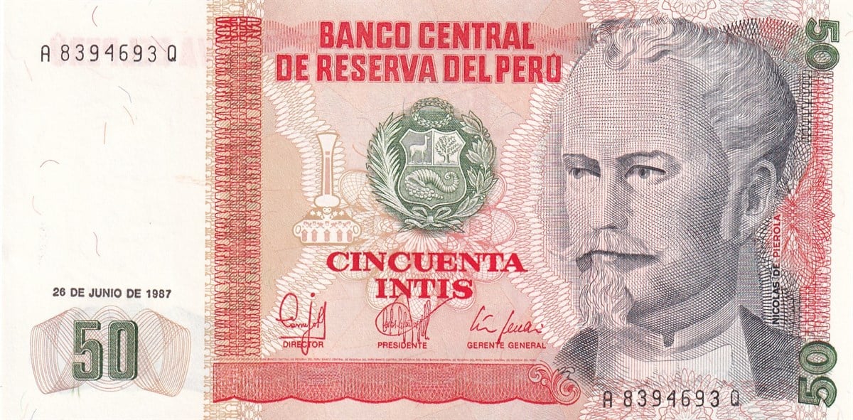 Yabancı Devletlerin Kağıt ParalarıPeru, 50 Intis (1987) P#131b ÇİL Eski Yabancı Kağıt Para
