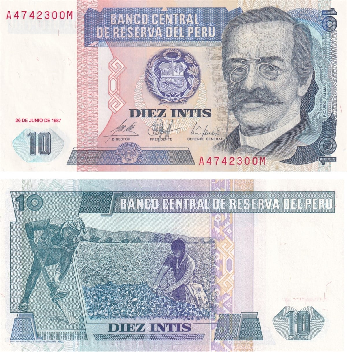 Yabancı Devletlerin Kağıt ParalarıPeru, 10 Intis (1987) P#129 ÇİL Eski Yabancı Kağıt Para