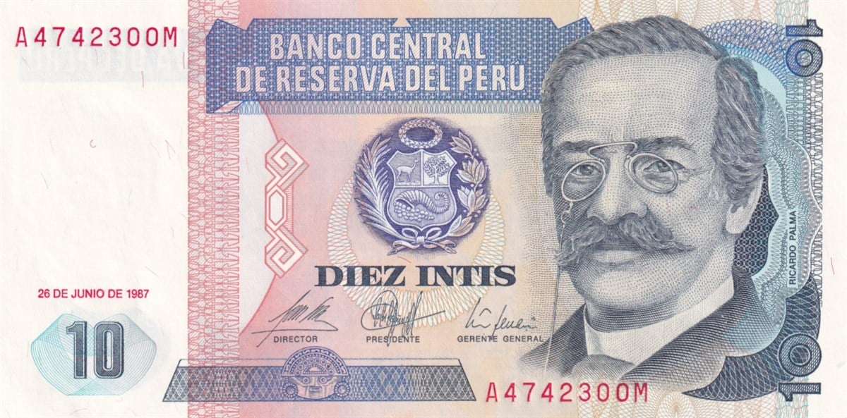 Yabancı Devletlerin Kağıt ParalarıPeru, 10 Intis (1987) P#129 ÇİL Eski Yabancı Kağıt Para