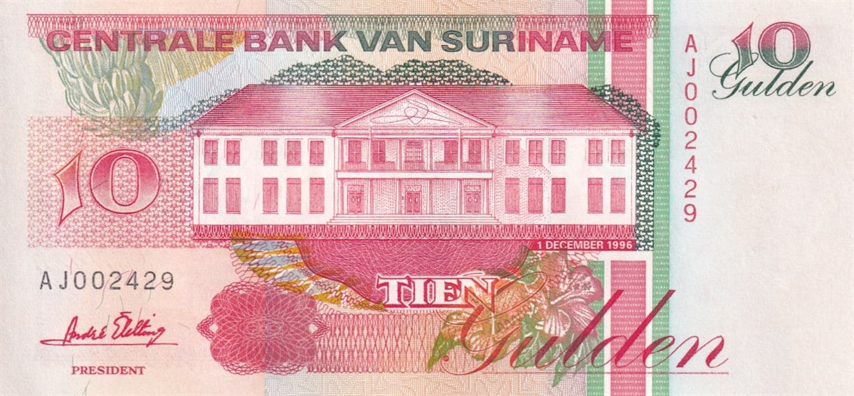 Foreign State BanknotesSurinam, 10 Gulden (1996) P#137 ÇİL Eski Yabancı Kağıt Para