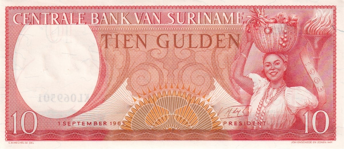 Foreign State BanknotesSurinam, 10 Gulden (1963) P#121 ÇİL Eski Yabancı Kağıt Para