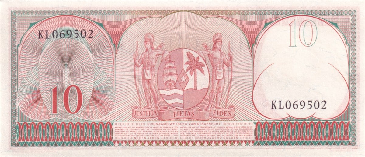 Foreign State BanknotesSurinam, 10 Gulden (1963) P#121 ÇİL Eski Yabancı Kağıt Para