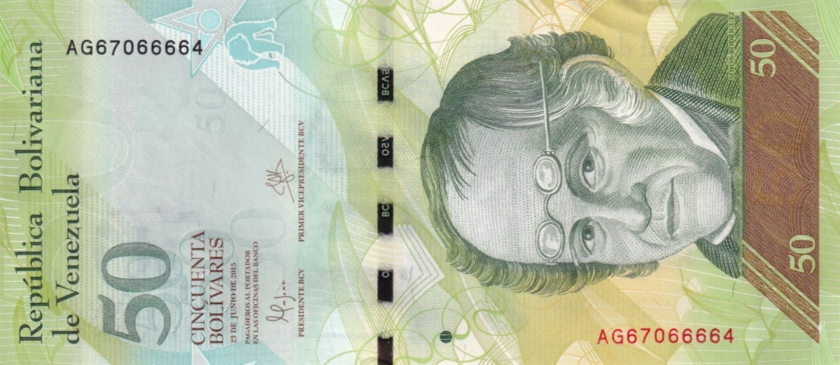 Yabancı Devletlerin Kağıt ParalarıVenezuela, 50 Bolivar (2015) P#92 ÇİL Eski Yabancı Kağıt Para