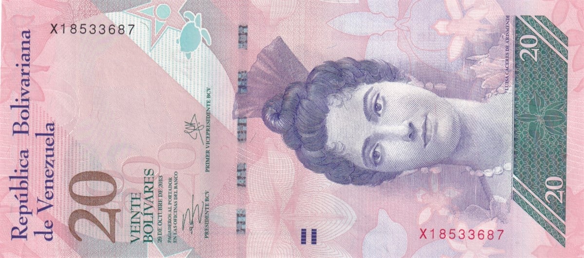 Yabancı Devletlerin Kağıt ParalarıVenezuela, 20 Bolivar (2013) P#91 ÇİL Eski Yabancı Kağıt Para