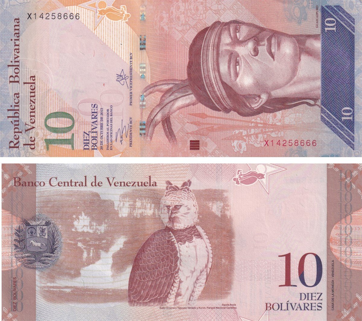 Yabancı Devletlerin Kağıt ParalarıVenezuela, 10 Bolivar (2013) P#90 ÇİL Eski Yabancı Kağıt Para