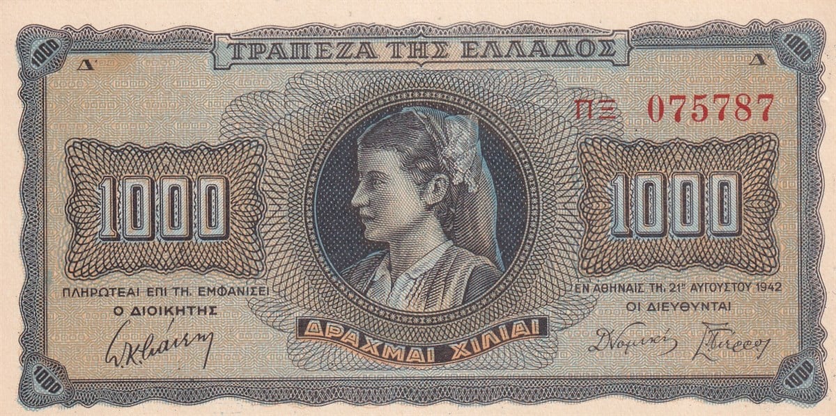 Yabancı Devletlerin Kağıt ParalarıYunanistan, 1000 Drahmi (1942) P#118b ÇİL Eski Yabancı Kağıt Para
