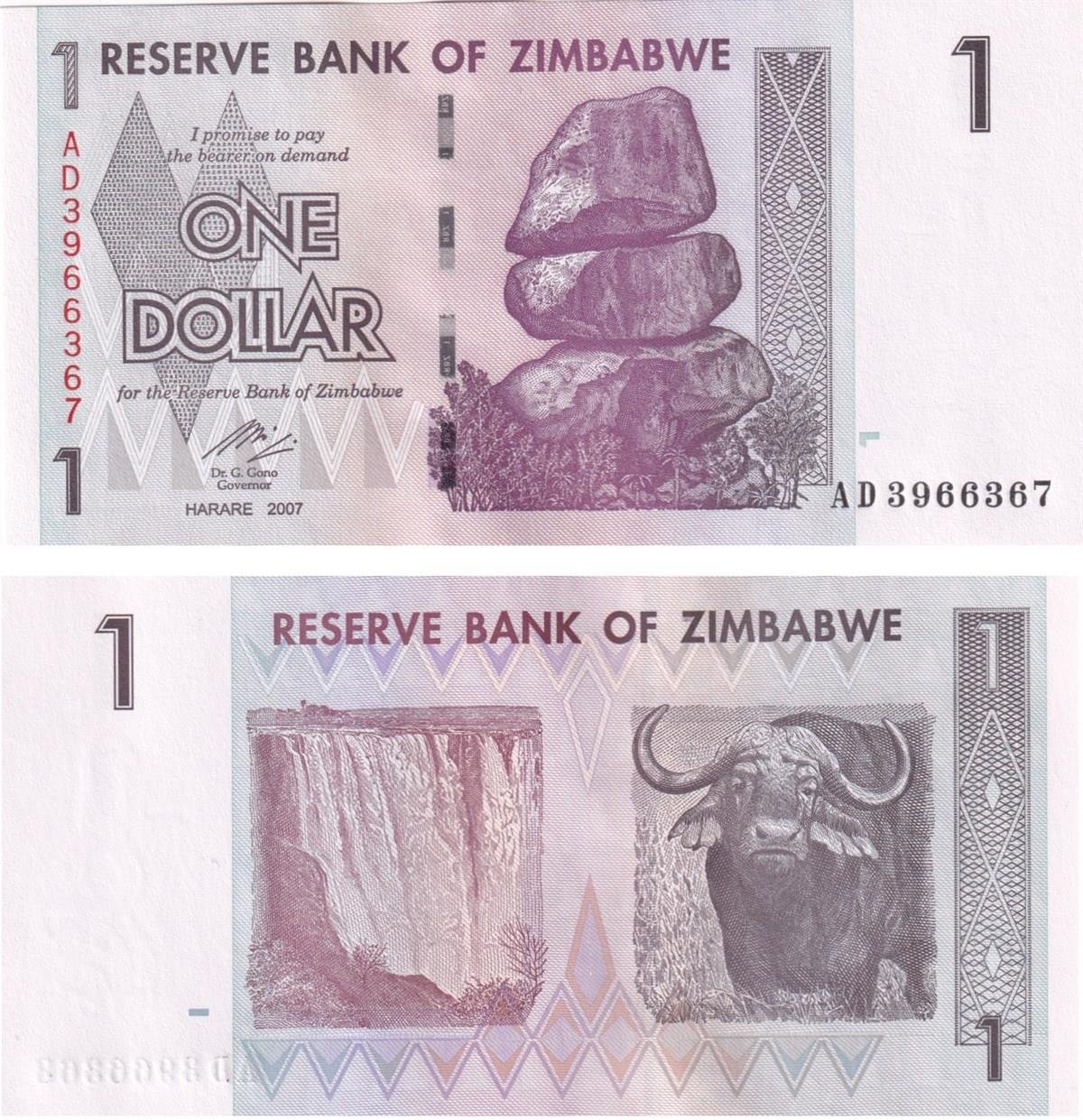 Foreign State BanknotesZimbabve, 1 Dolar (2007) P#65 ÇİL Eski Yabancı Kağıt Para
