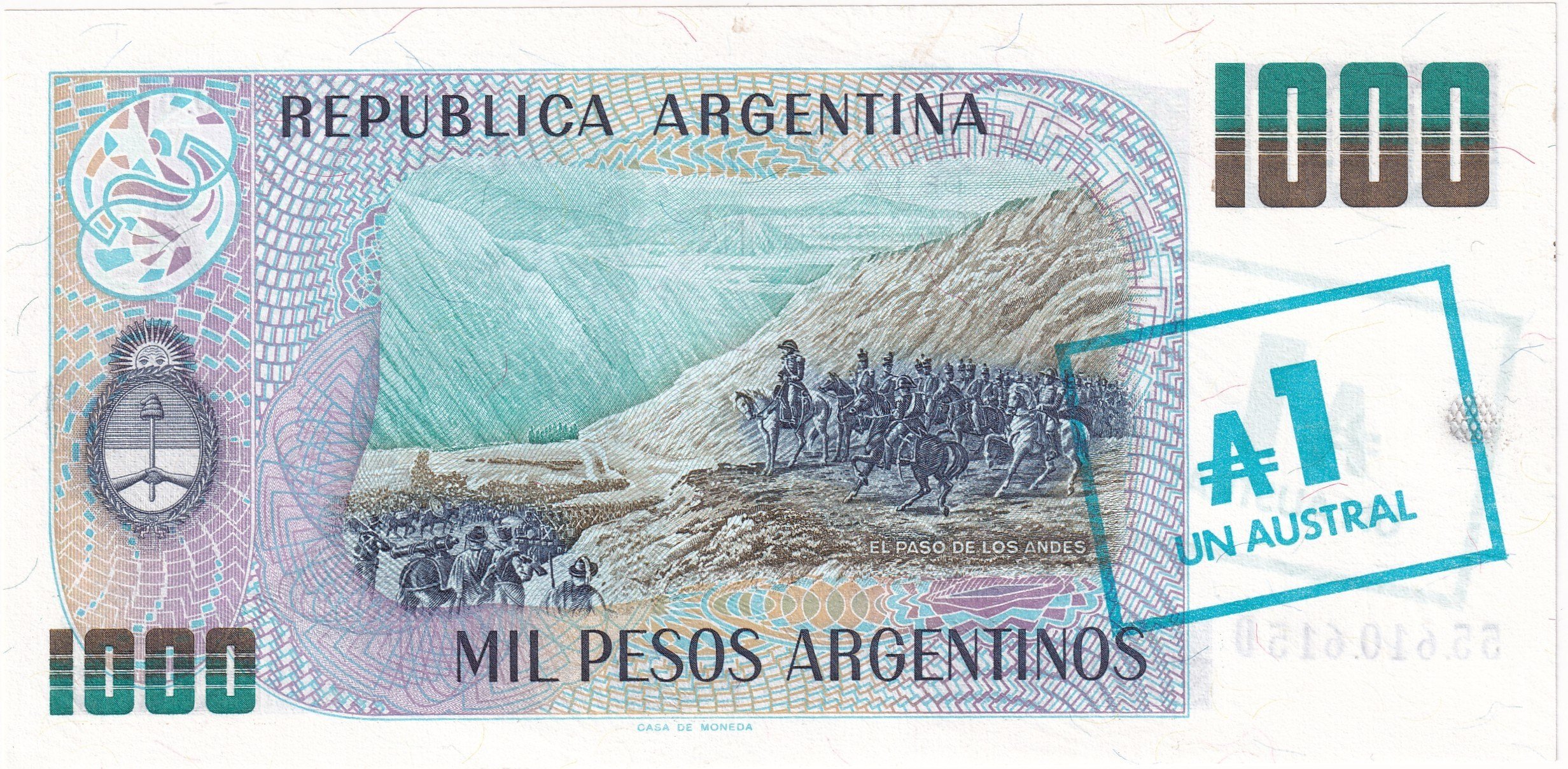 Foreign Paper MoneyArjantin, 1.000 Peso üzeri 1 Austral Sürşarjlı (1985) P#320 ÇİL Eski Yabancı Kağıt Para