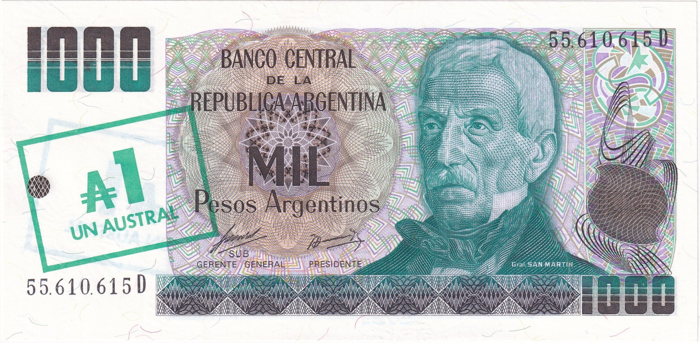 Foreign Paper MoneyArjantin, 1.000 Peso üzeri 1 Austral Sürşarjlı (1985) P#320 ÇİL Eski Yabancı Kağıt Para